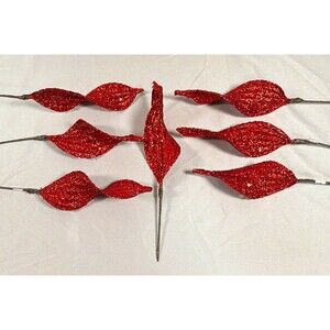 9 Red Glitter Leaf Christmas Tree Picks / Ornaments